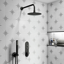 Arezzo Matt Black Push-Button Shower with Handset + Rainfall Shower Head Medium Image