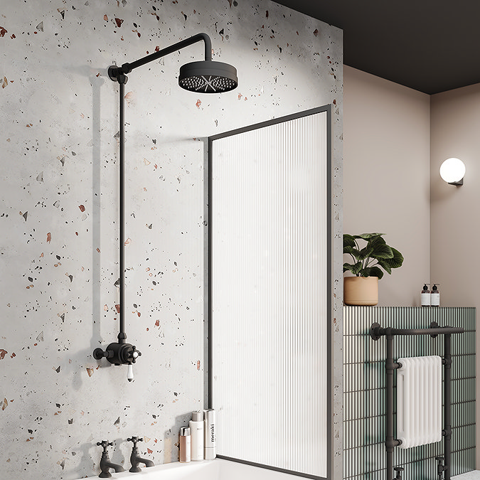 Arezzo Matt Black Rigid Riser Kit with 195mm Fixed Round Overhead Drench Shower Head