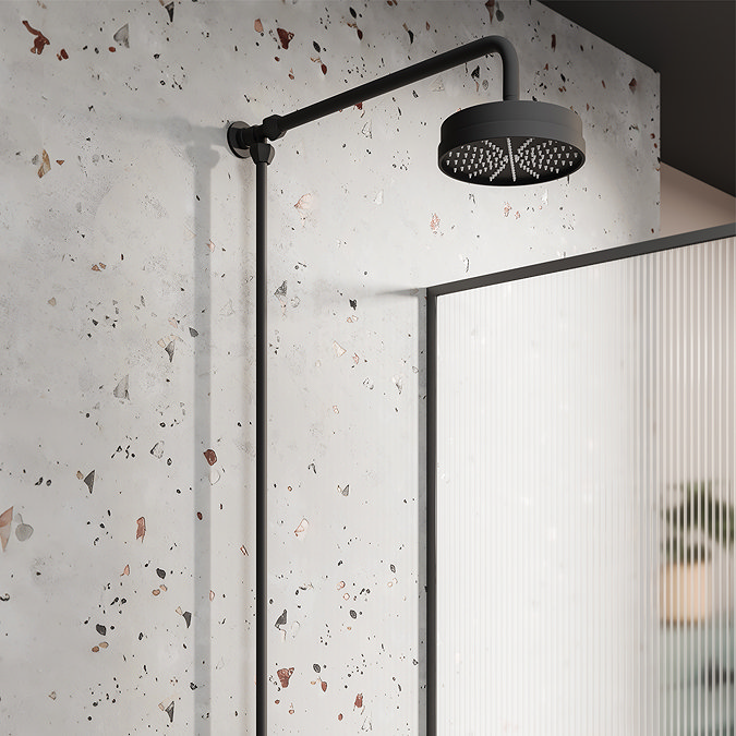 Arezzo Matt Black Rigid Riser Kit with 195mm Fixed Round Overhead Drench Shower Head