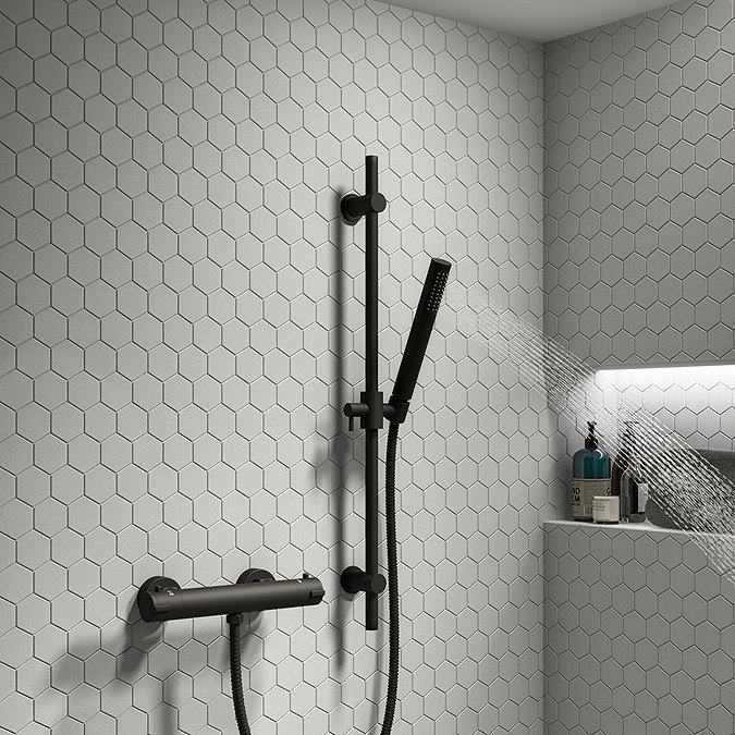 Arezzo Matt Black Round Bar Shower Valve inc. Slide Rail Kit with Pencil Handset Large Image