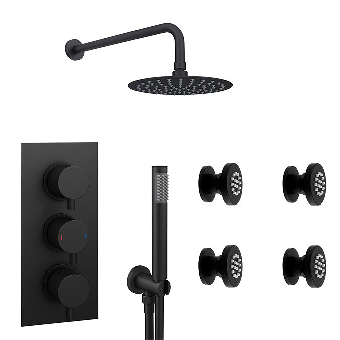Arezzo Matt Black Round Concealed Triple Shower Valve with Diverter, Handset, Fixed Shower Head + 4 Body Jets  Newest Large Image