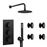 Arezzo Matt Black Round Concealed Triple Shower Valve with Diverter, Handset, Fixed Shower Head + 4 Body Jets  Newest Large Image