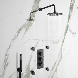 Arezzo Matt Black Round Concealed Triple Shower Valve with Diverter, Handset, Fixed Shower Head + 4