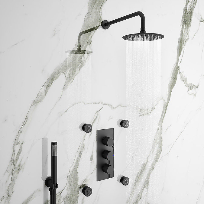 Arezzo Matt Black Round Concealed Triple Shower Valve with Diverter, Handset, Fixed Shower Head + 4 