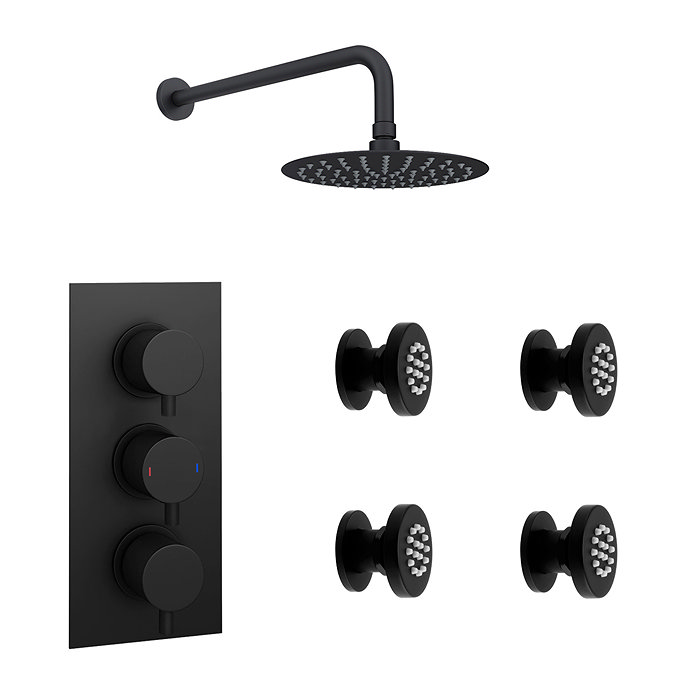 Arezzo Matt Black Round Concealed Triple Shower Valve with Fixed Head + 4 Body Jets  Newest Large Image