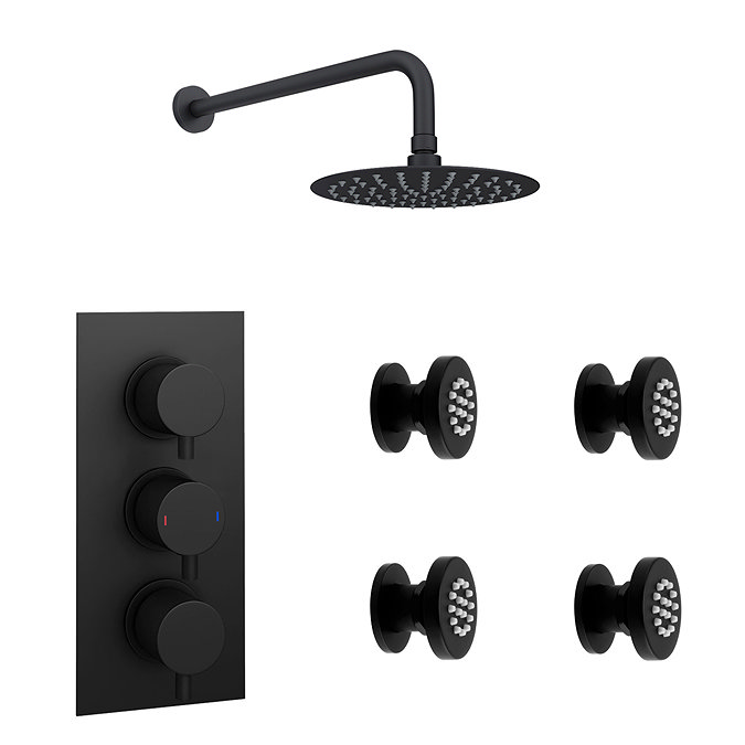 Arezzo Matt Black Round Concealed Triple Shower Valve with Fixed Head + 4 Body Jets Newest Large Image