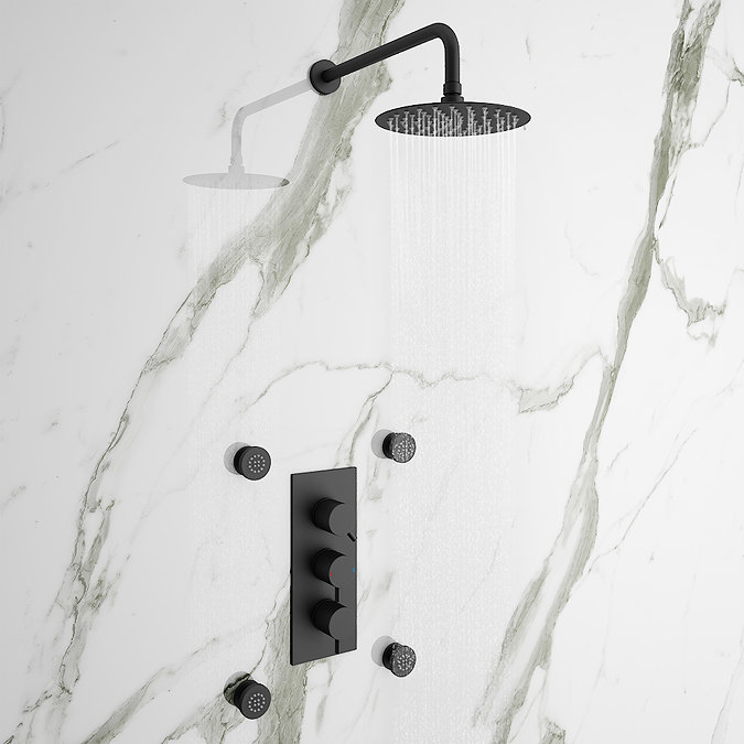 Arezzo Matt Black Round Concealed Triple Shower Valve with Fixed Head + 4 Body Jets Large Image