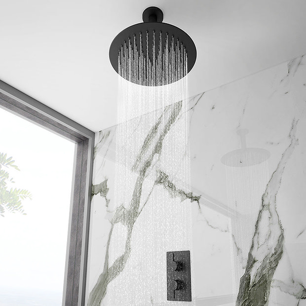 Arezzo Matt Black Round Shower Package with Concealed Valve + 300mm Ceiling Mounted Head