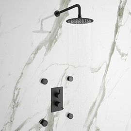 Arezzo Matt Black Round Shower System with Diverter, Fixed Shower Head + 4 Body Jets Medium Image