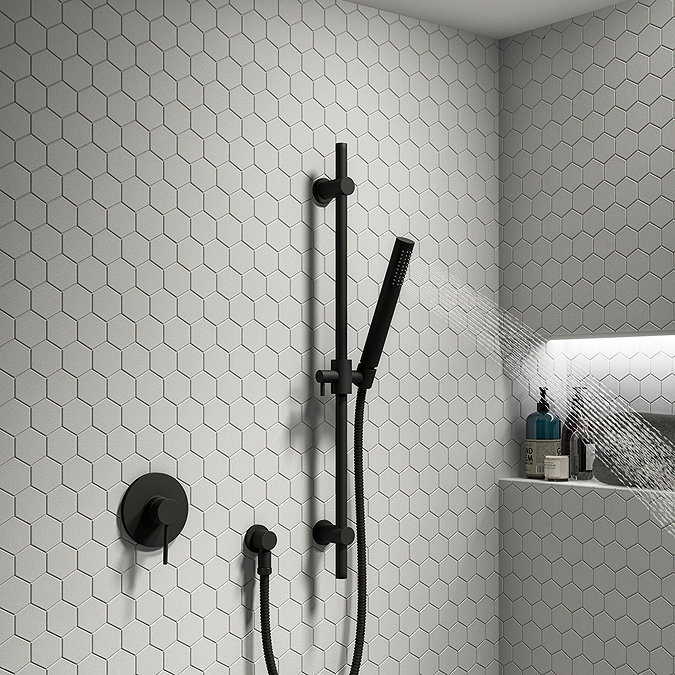 Arezzo Matt Black Round Shower Valve inc. Slide Rail Kit with Pencil Handset Large Image