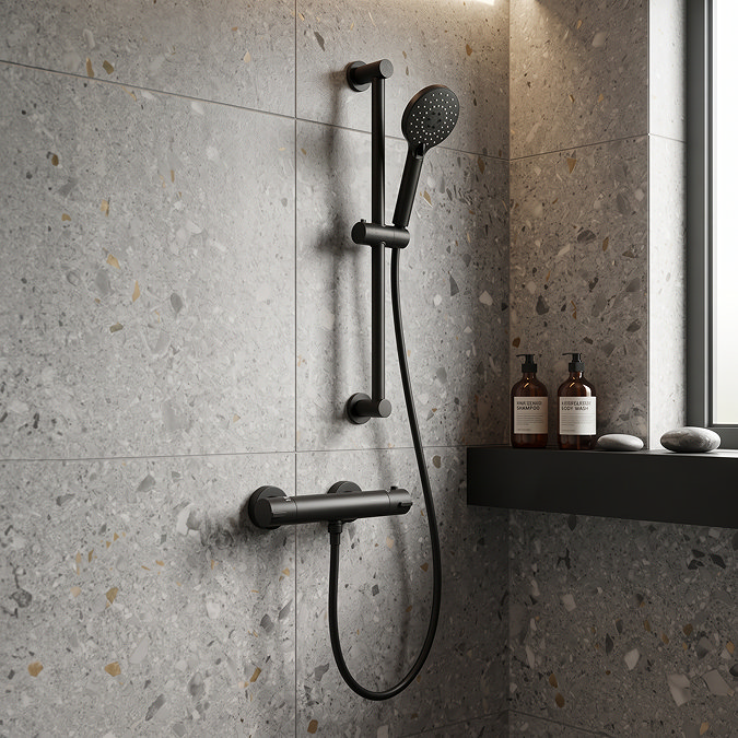 Arezzo Matt Black Round Thermostatic Shower Kit with Multi-Function Handset
