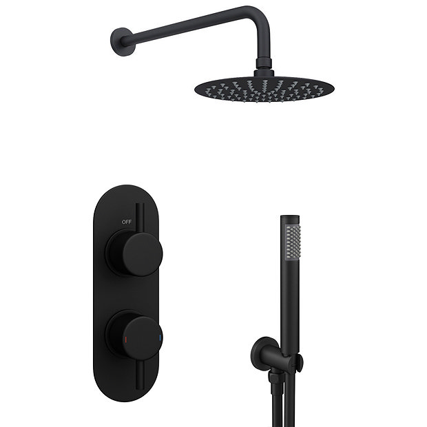 Arezzo Matt Black Round Thermostatic Shower Pack with Head + Handset (Oval Backplate)  In Bathroom L