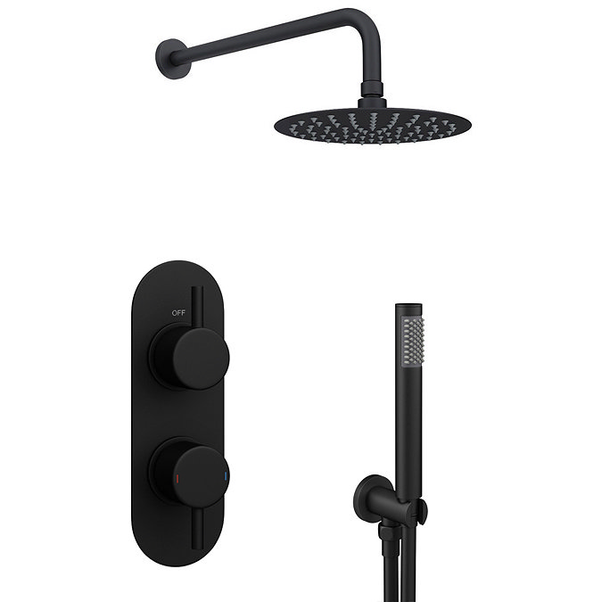 Arezzo Matt Black Round Thermostatic Shower Pack with Head + Handset (Oval Backplate) In Bathroom L