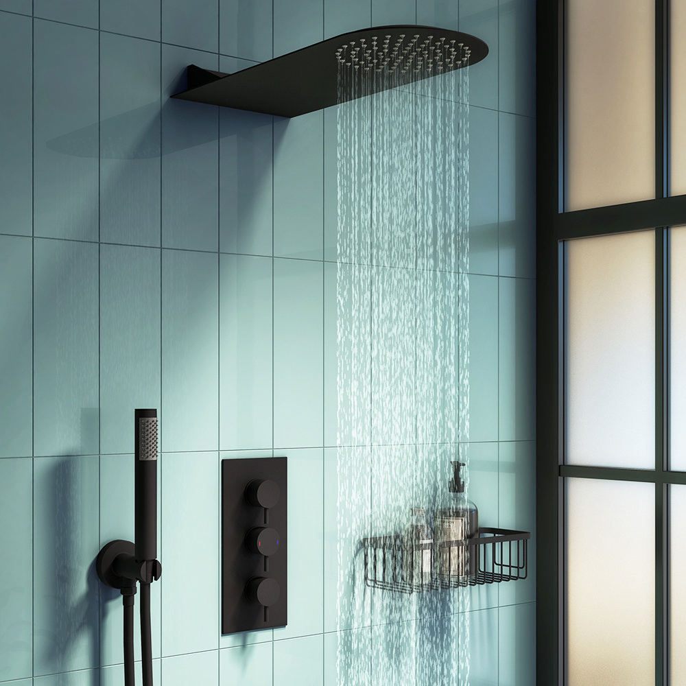 Arezzo Matt Black Round Triple Thermostatic Shower Pack with Flat