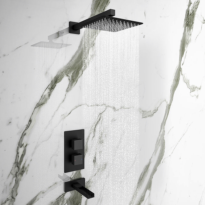 Arezzo Matt Black Shower Set (Fixed Shower Head + Waterfall Bath Filler) Large Image