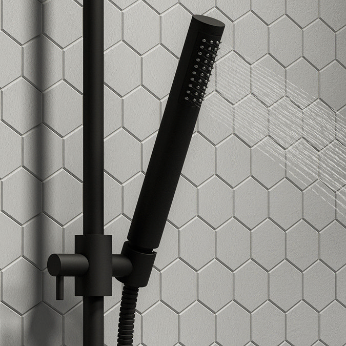 Arezzo Matt Black Shower System (Valve inc. 195mm Ceiling Mounted Head + Slide Rail Kit with Handset)  In Bathroom Large Image