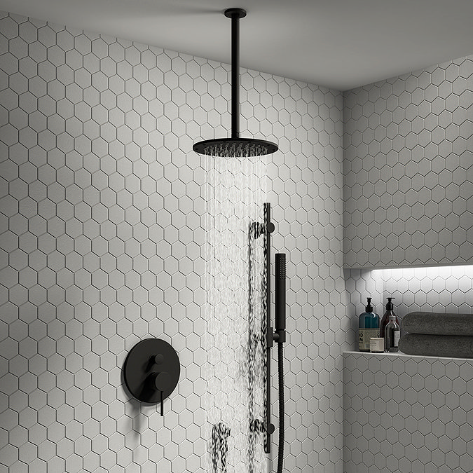 Arezzo Matt Black Shower System (Valve inc. 195mm Ceiling Mounted Head + Slide Rail Kit with Handset