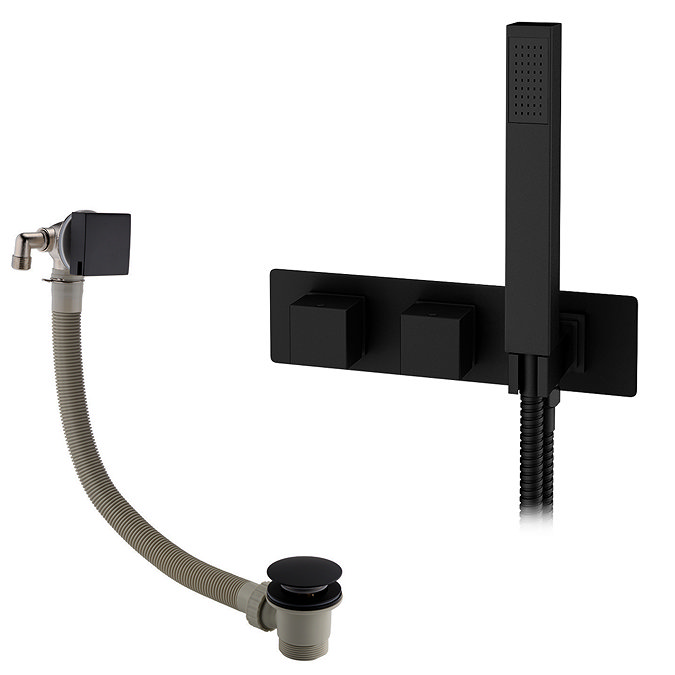 Arezzo Matt Black Square Concealed Thermostatic Shower Valve w. Handset + Freeflow Bath Filler  In Bathroom Large Image