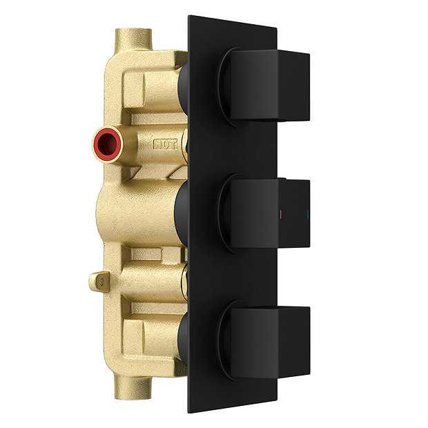 Arezzo Matt Black Square Concealed Triple Shower Valve with Fixed Head + 4 Body Jets  Standard Large
