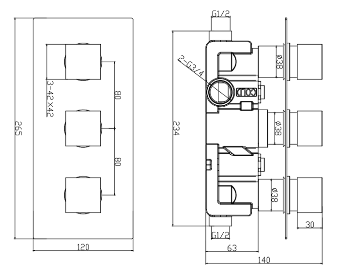 Arezzo Matt Black Square Concealed Triple Shower Valve with Fixed Head + 4 Body Jets