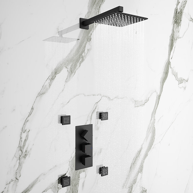 Arezzo Matt Black Square Concealed Triple Shower Valve with Fixed Head + 4 Body Jets Large Image