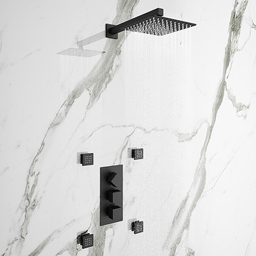 Arezzo Matt Black Square Concealed Triple Shower Valve with Fixed Head + 4 Body Jets  Profile Large 