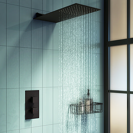 Arezzo Matt Black Square Shower Package w. Concealed Valve + Flat Fixed Shower Head Large Image