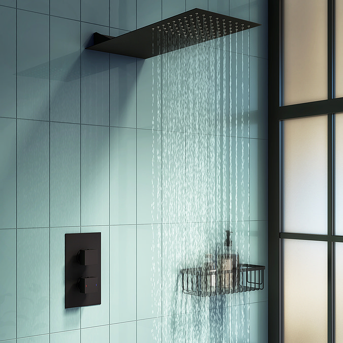 Arezzo Matt Black Square Shower Package w. Concealed Valve + Flat Fixed Shower Head Large Image