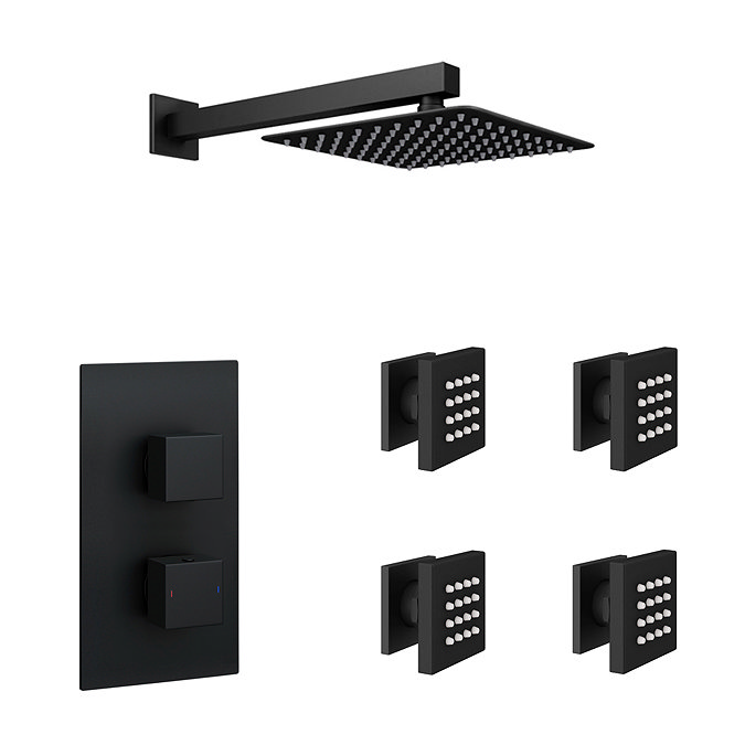 Arezzo Matt Black Square Shower System with Diverter, Fixed Shower Head + 4 Body Jets Newest Large Image