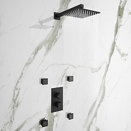 Arezzo Matt Black Square Shower System with Diverter, Fixed Shower Head + 4 Body Jets Medium Image