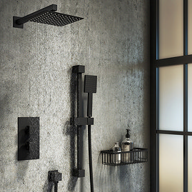 Arezzo Matt Black Square Thermostatic Shower Pack incl. Wall Mounted Head + Slider Rail Kit Large Im