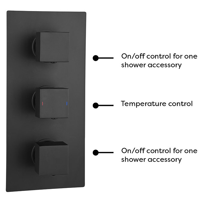 Arezzo Matt Black Square Triple Thermostatic Shower Pack w. Flat Fixed Head + Handset  Profile Large