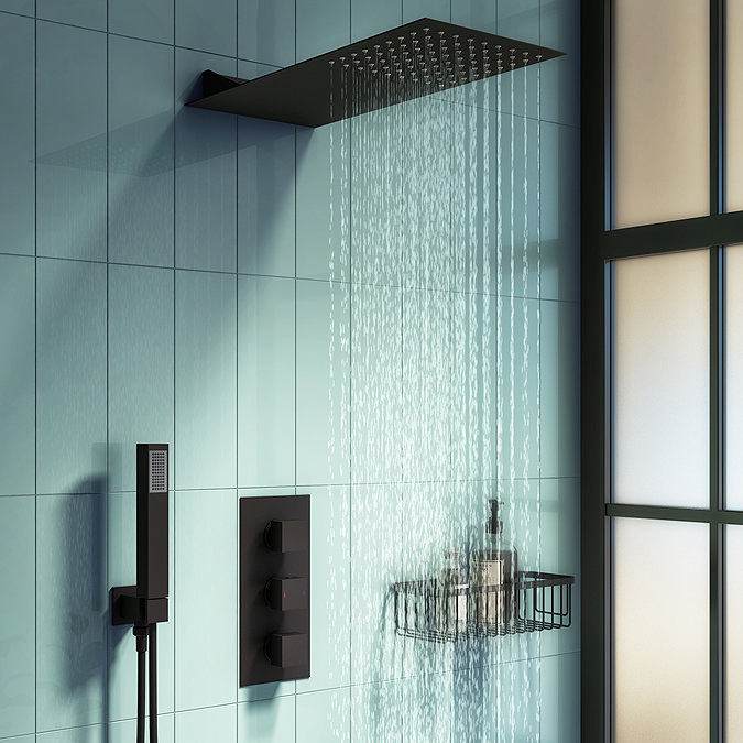 Arezzo Matt Black Square Triple Thermostatic Shower Pack w. Flat Fixed Head + Handset Large Image