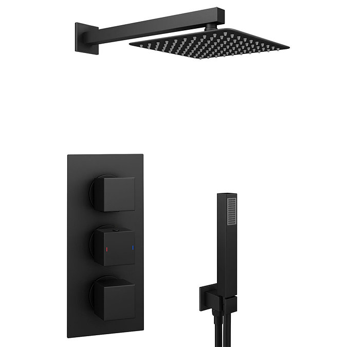 Arezzo Matt Black Square Triple Thermostatic Shower Pack with Head + Handset  In Bathroom Large Image