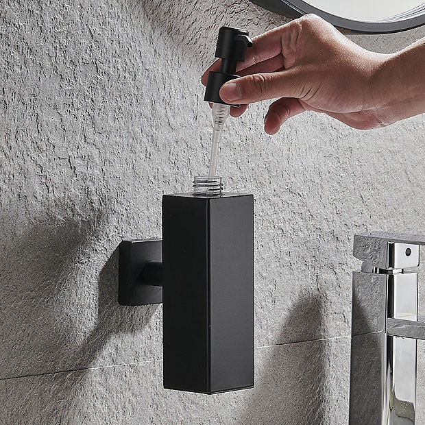 Arezzo Matt Black Square Wall Mounted Soap Dispenser  In Bathroom Large Image
