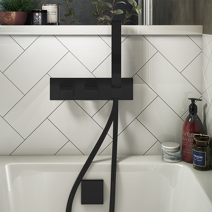 Arezzo Matt Black Square Wall Mounted Thermostatic Shower Valve with Handset  Profile Large Image