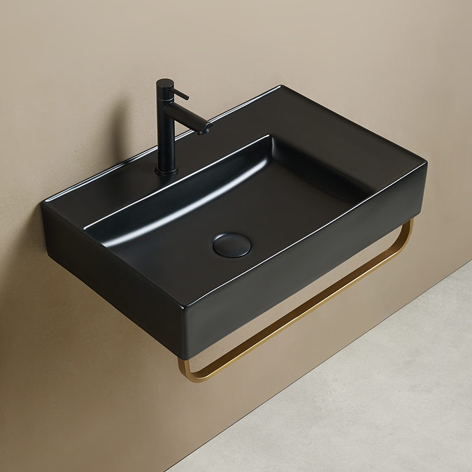 Arezzo Matt Black Wall Hung Basin 1TH - 610 x 380mm with Brushed Brass Towel Rail