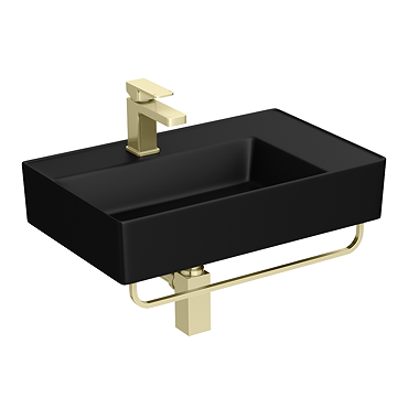 Arezzo Matt Black Wall Hung Basin 1TH - 610 x 380mm with Brushed Brass Towel Rail