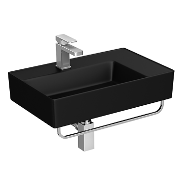 Arezzo Matt Black Wall Hung Basin 1TH - 610 x 380mm with Chrome Towel Rail