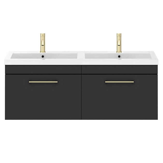 Arezzo Matt Black Wall Hung Double Basin Vanity Unit (1205mm w. Brushed Brass Handles)  Feature Larg