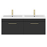 Arezzo Matt Black Wall Hung Double Basin Vanity Unit (1205mm w. Brushed Brass Handles)  Feature Larg