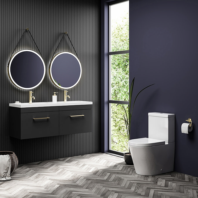 Arezzo Matt Black Wall Hung Double Basin Vanity Unit (1205mm w. Brushed ...