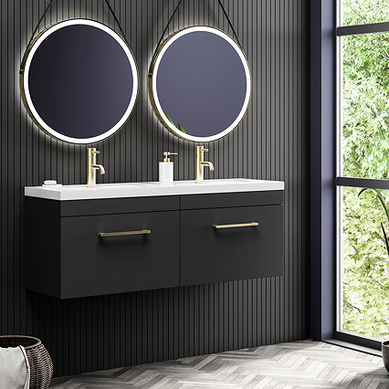 Arezzo Matt Black Wall Hung Double Basin Vanity Unit (1205mm w. Brushed Brass Handles) Large Image