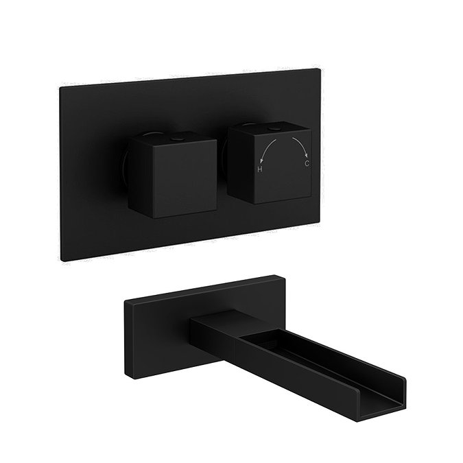 Arezzo Matt Black Wall Mounted Waterfall Bath Filler + Concealed Thermostatic Valve Large Image