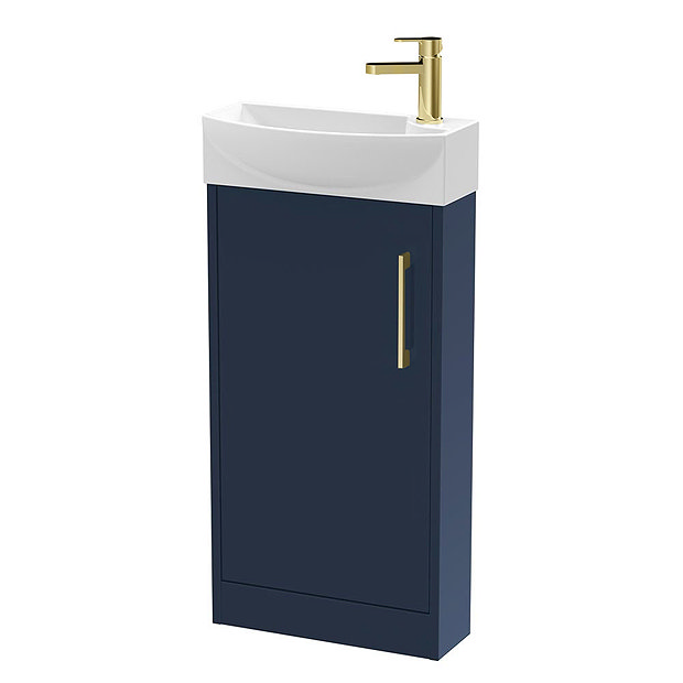 Arezzo Matt Blue 450mm 1TH Floor Standing Cloakroom Vanity Unit With Brushed Brass Handle Large Imag