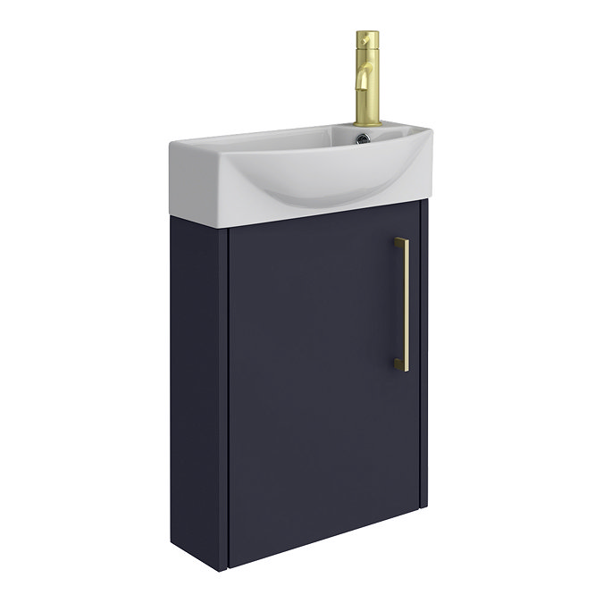 Arezzo Matt Blue 450mm 1TH Wall Hung Cloakroom Vanity Unit with Brushed Brass Handle Standard Large Image