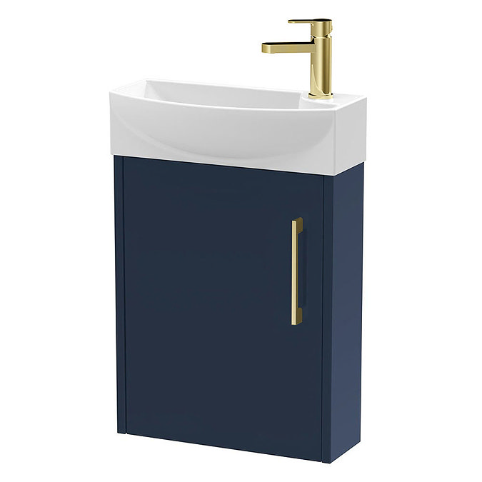 Arezzo Matt Blue 450mm 1TH Wall Hung Cloakroom Vanity Unit with Brushed Brass Handle Large Image