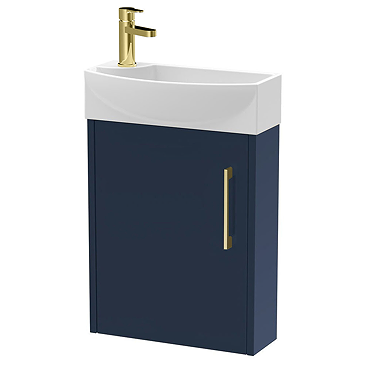 Arezzo Matt Blue 450mm 1TH Wall Hung Cloakroom Vanity Unit with Brushed Brass Handle Profile Large