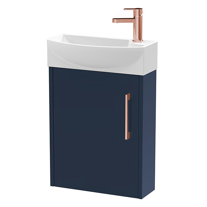 Arezzo Matt Blue 450mm 1TH Wall Hung Cloakroom Vanity Unit With Rose Gold Handle Large Image