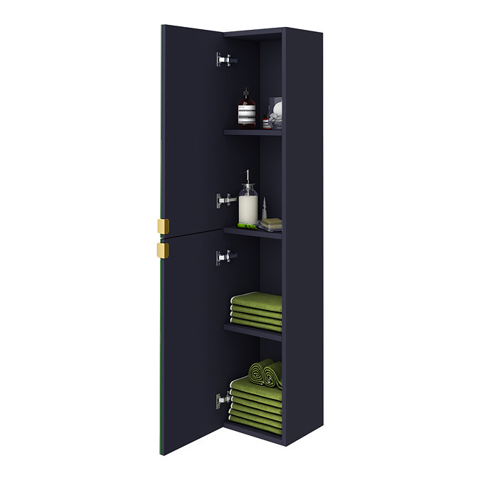 Arezzo Matt Blue Mirrored Wall Hung Tall Storage Cabinet with Brushed Brass Handles  Feature Large Image